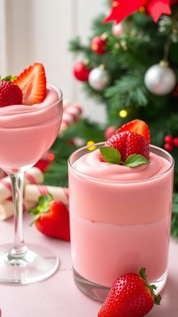 Festive pink mousse dessert in glasses, garnished with strawberries, set against a holiday-themed backdrop.